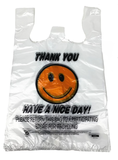 1/6 Size Clear "Happy Face" Medium-Duty Plastic T-Shirt Bag - 180/Case