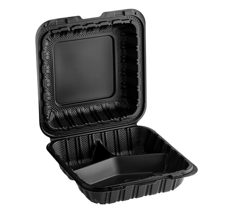 9x9 Inch Black PP Container - 3 Compartment (150/Case)
