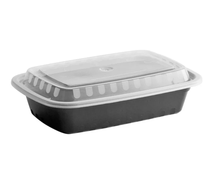 JN 24 oz. Black Rectangular Microwavable Heavy Weight Container with Lid - (150)/Case