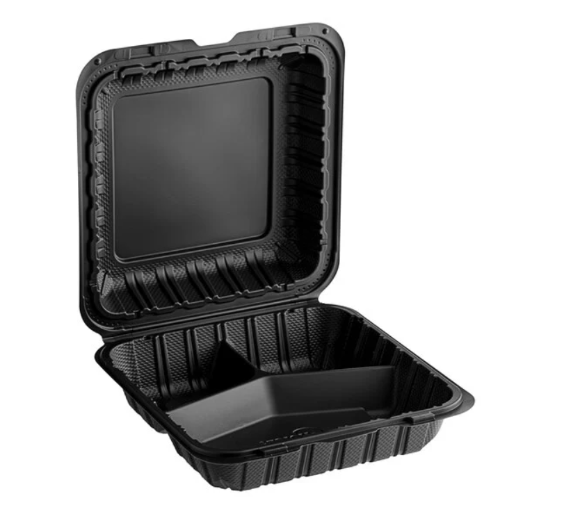 8x8 Inch Black PP Container - 3 Compartment (150/Case)